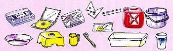 ビデオテープ、ケースに入ったCD、三角定規、赤いガソリン携行缶、バケツ、洗面器、歯ブラシ、プラスチックの収納ケースなど、様々な種類のプラスチック製品が描かれたイラスト