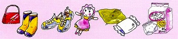 赤いハンドバッグ、黄色と紺の長靴、黄色いスニーカー、ピンクのワンピースを着た人形、紙おむつなど、資源物に分別できない可燃性のものが横一列に並べられたイラスト