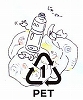 にっこり笑うペットボトルの上に、PETマークが表示されているイラスト
