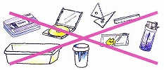 文房具、カセットテープ、空のCDケース、使い終わったライターなど、リサイクル対象外となるプラスチック製品を、ピンクのバツ印で示しているイラスト