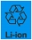 鮮やかな青い四角の中に、リサイクルの矢印マークと「Li-ion」という文字が配置された、リチウムイオン電池マークのアイコン画像
