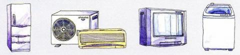 冷蔵庫、エアコンと室外機、ブラウン管テレビ、洗濯機のイラスト