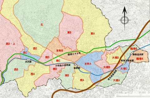 地区区分ごとに色分けされた秦野市の地図