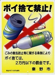 黄色い背景で、上部に太い黒文字で「ポイ捨て禁止！」、下部には「ごみの散乱防止等に関する条例によりポイ捨ては、2万円以下の罰金です。」という罰則が記載され、空き缶、ペットボトル、吸い殻のイラストに赤い大きなバツ印が重ねられた秦野市のポイ捨て防止啓発イラスト