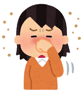 黒髪の女性が顔をしかめて目を閉じ、赤くなった鼻と口元を握った右手の甲で強く覆い隠し、周りに茶色い粒や白い揺れる線で花粉症やアレルギーの症状を表しているイラスト