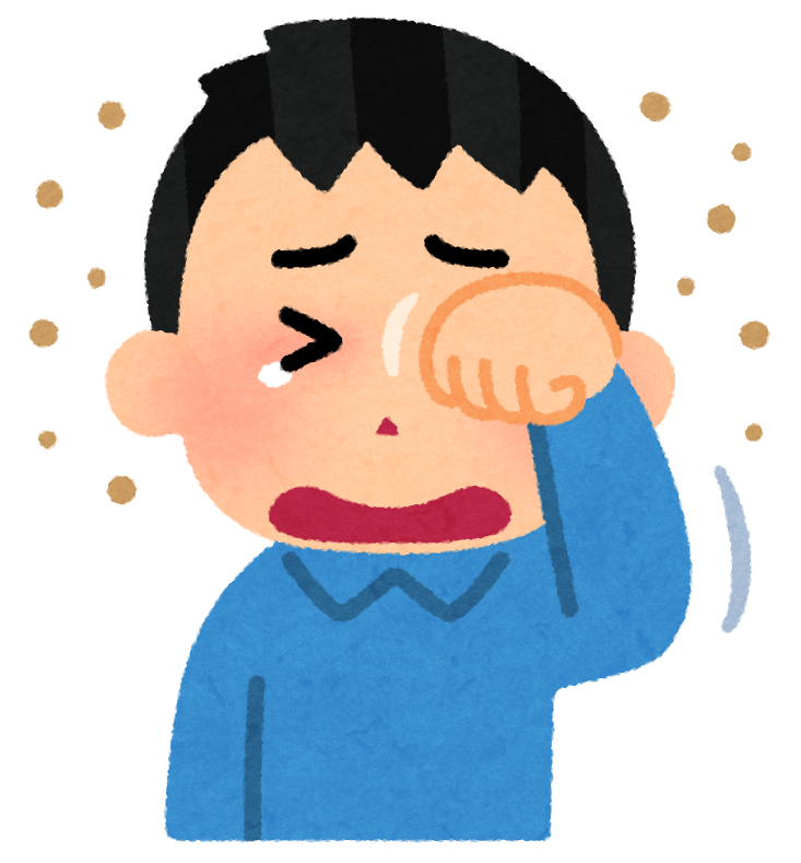 茶色の花粉のような粒が周囲に舞う中で、青い服を着た男性が目をきつく閉じて涙を流し、赤くなった目頭を握った拳で強くこすっている、花粉症による目の痒みやアレルギーの症状を表したイラスト