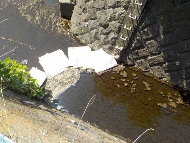 油分や泥が混ざり合ったと見られるグレーの堆積物が見られ、白色の油吸着マットが何枚か浮び、油の回収作業が行われている写真
