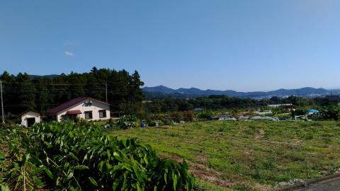 抜けるような青空と遠くの山々を背景に、手前に緑の草木と広大な畑が広がる風景写真