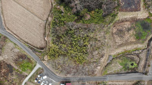 茶色い農地と道路に囲まれた区域の中央に、竹林や雑木が広がる空き地や里山が写っている、やぶ払い前写真