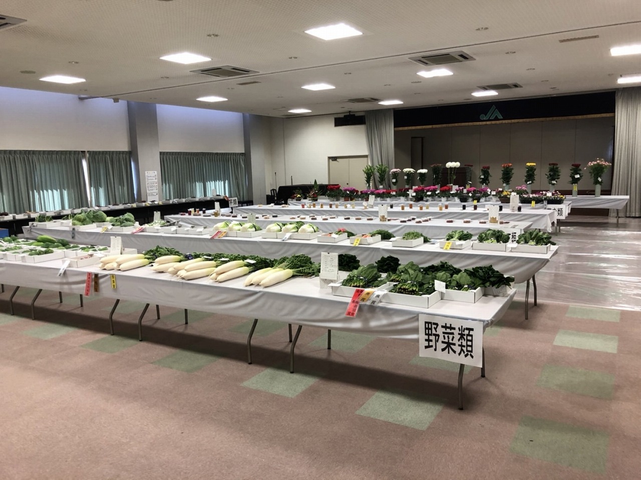 屋内展示会場に、キャベツ、ハクサイ、ダイコン、ホウレンソウなどの様々な野菜が白い布をかけた長机の上に整然と陳列され、さらに奥には切り花が展示されている写真