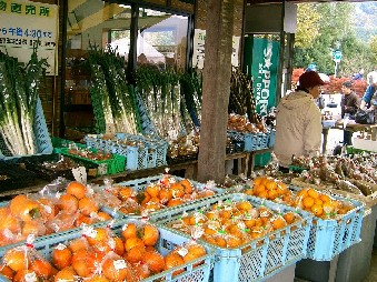 多くのカゴに袋詰めされた鮮やかなオレンジ色の柿や、青々とした葉付きのネギなどが、軒下の売り場に山積みで陳列されている様子の写真