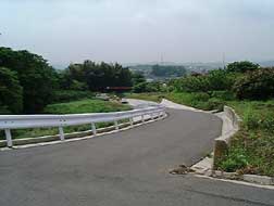 右に緩くカーブしながら下っていく、左側に白いガードレール、右側にコンクリートの側溝がある、整備されたアスファルトの坂道の西田原地区農道3号の写真