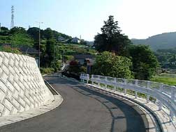 山の中腹に住宅が点在する集落へ上っていく、左側が石積みの擁壁、右側が白いガードレールで舗装された道路を撮影した風景写真