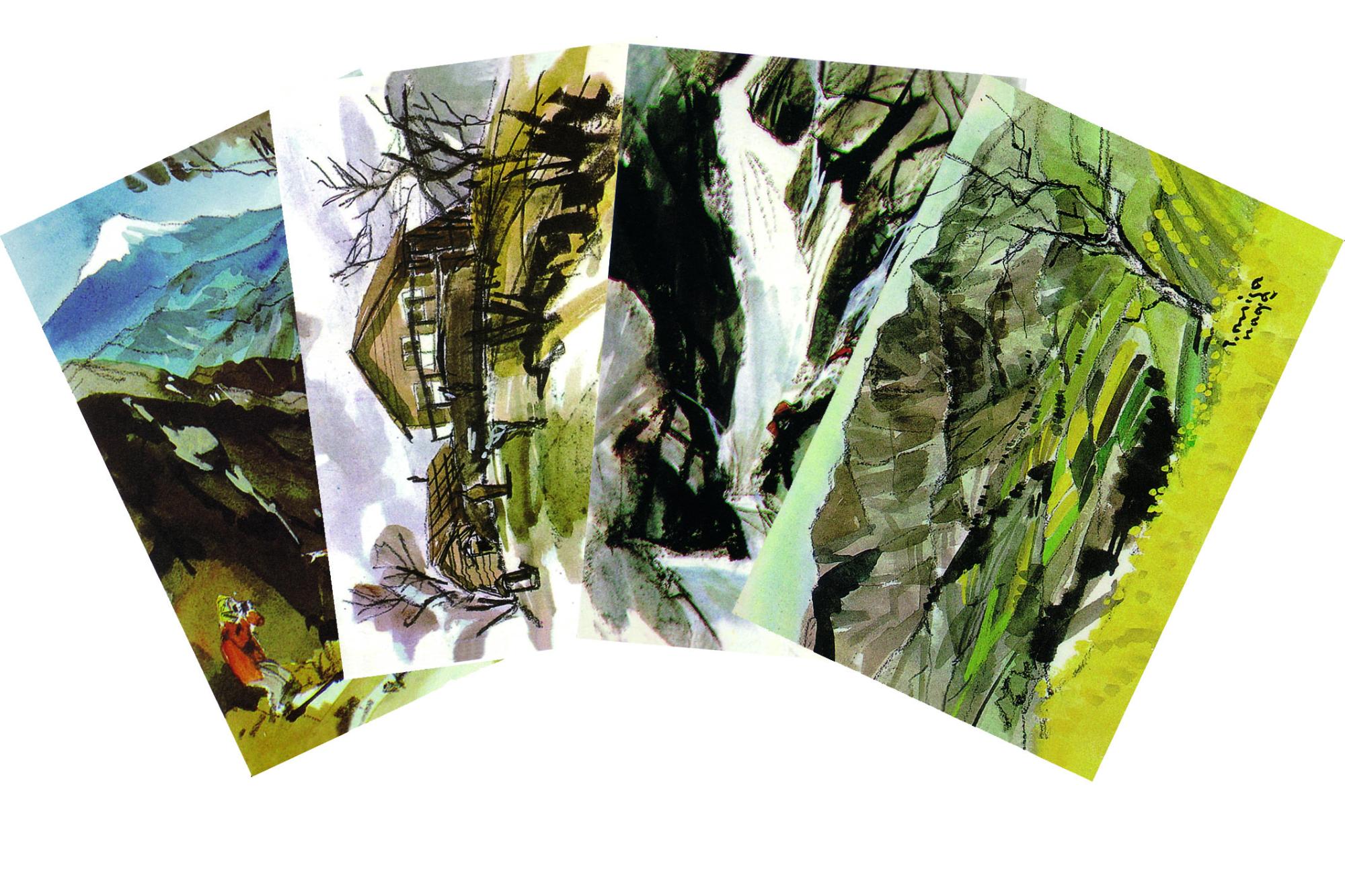 雪山や滝、山小屋といった山岳風景を描いた水彩画風の絵はがきが、扇状に4枚重ねて並べられている様子のイラスト