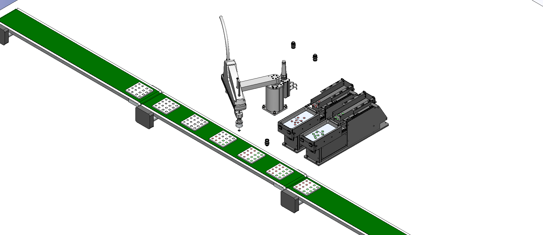 緑色のコンベアベルト上にトレーが並び、右側にロボットアームと黒い機械ユニットが配置された生産ラインまたは組立システムの3Dモデル図