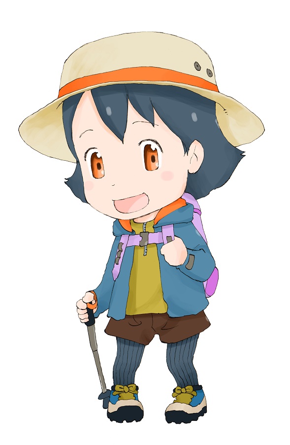 帽子をかぶり、薄紫色のリュックを背負い、トレッキングポールを持った山ガールのイラスト