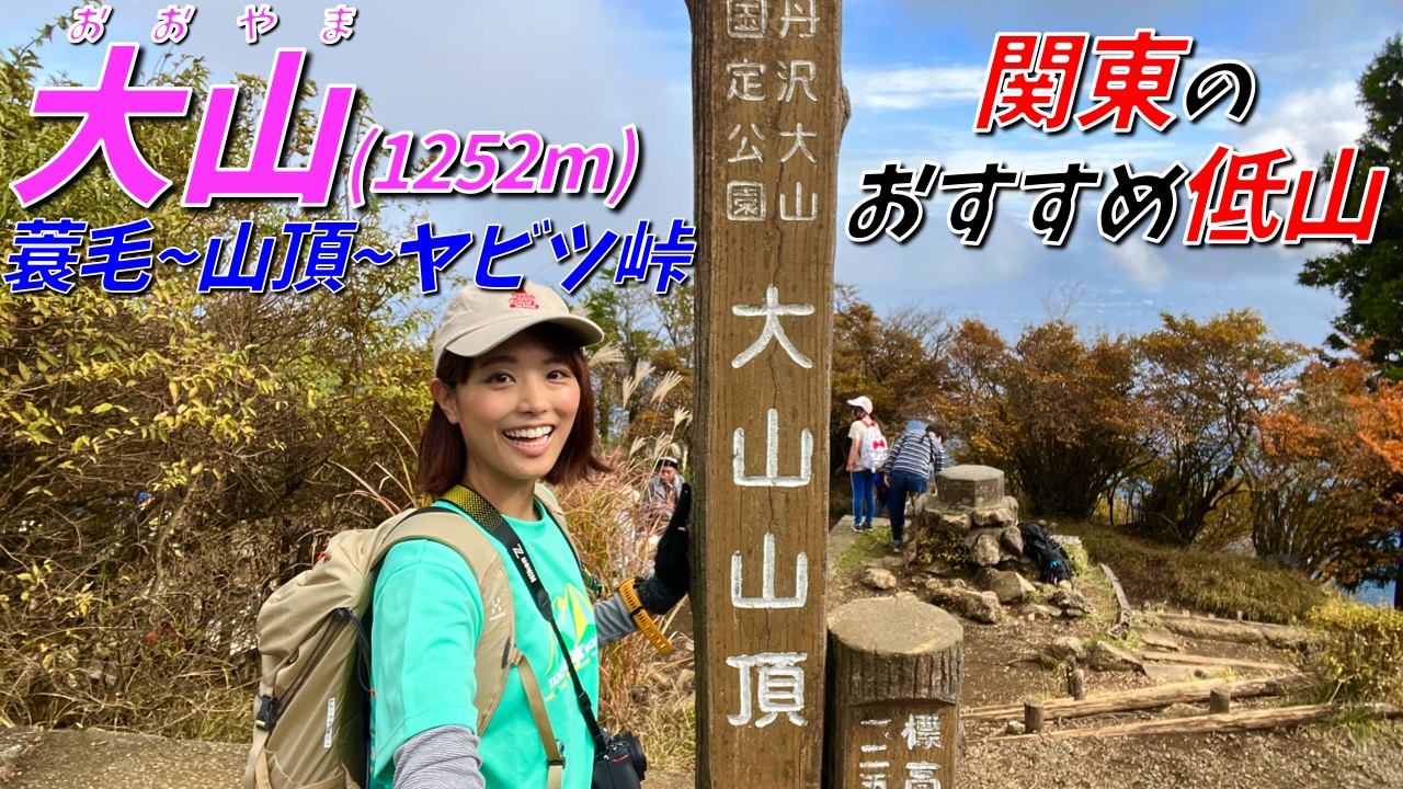 「関東のおすすめ低山」と書かれた大山(1252メートル)山頂の標柱の横で、登山ウェアのかほさんが笑顔でポーズをとり、背景にはヤビツ峠方面の紅葉した山々と他の登山者の姿がある動画の一部画像