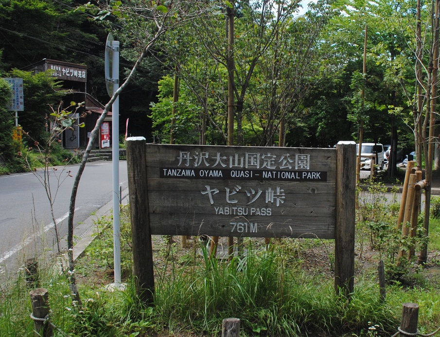 丹沢大山国定公園内のヤビツ峠を示す木製看板が緑豊かな山道沿いに設置されている写真