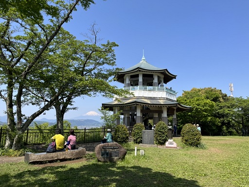 晴れた青空の下、緑豊かな高台の公園で、中国風の緑の屋根を持つ二層の展望台が建ち、遠くに雪を頂いた富士山と街並みが見える弘法山公園の写真