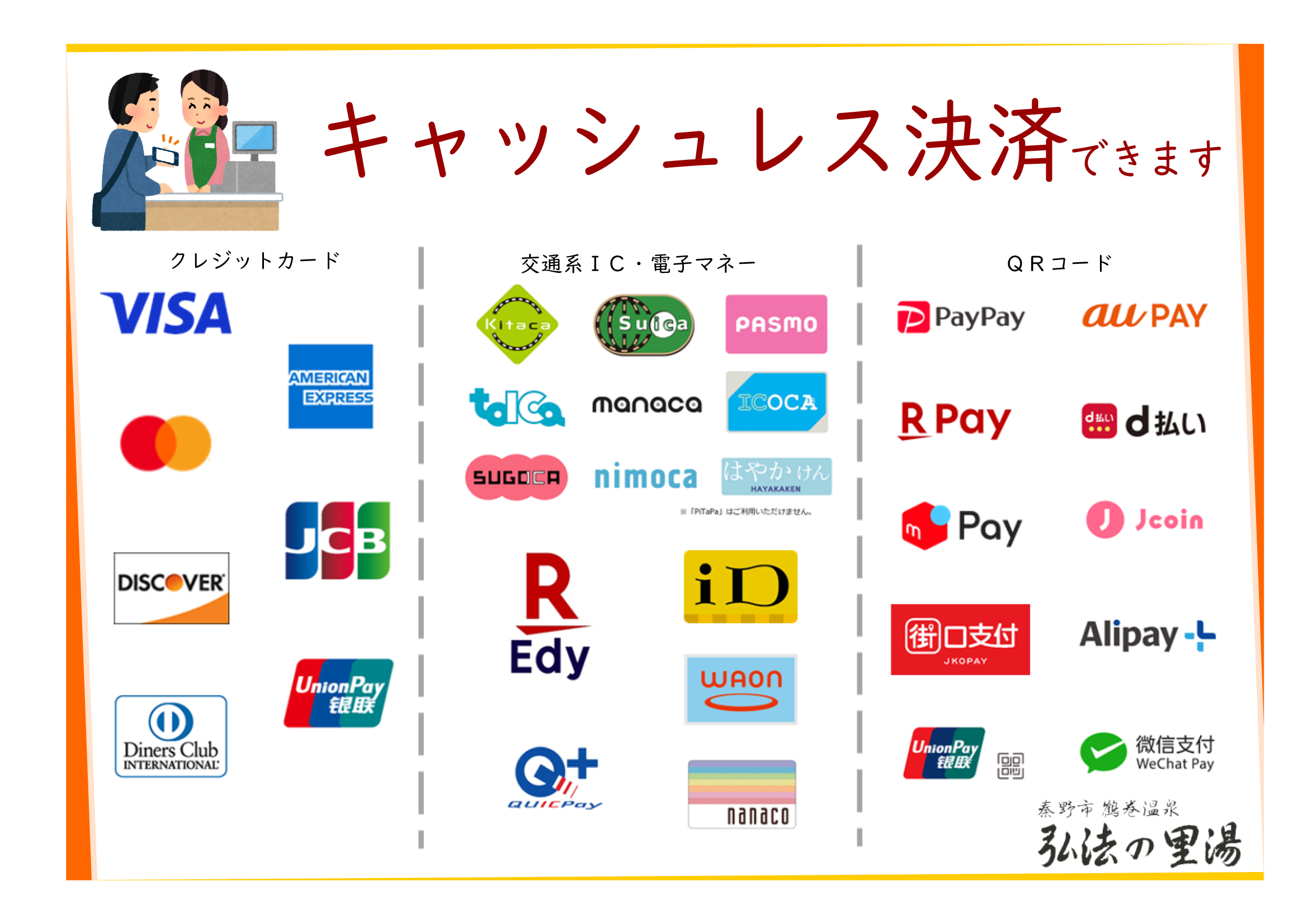 現金のほか、クレジットカード、交通系IC、電子マネー、QRコードの各種キャッシュレス決済がご利用いただけます（駐車料金、一部館内テナント、自販機を除く）。