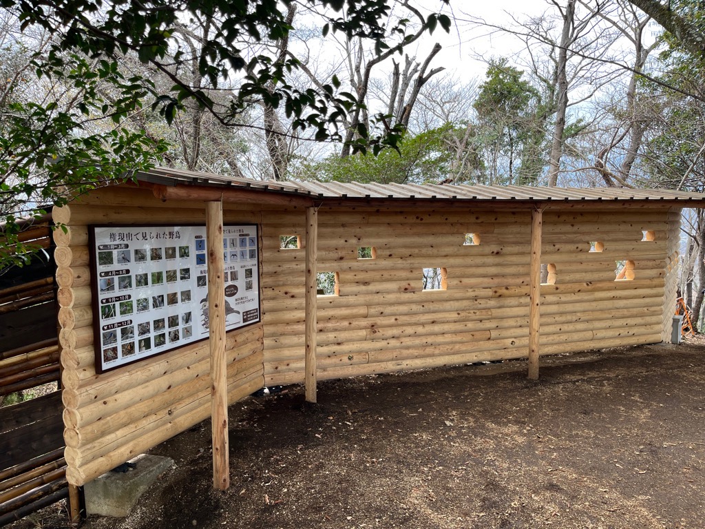 野鳥を観察するための小さな窓がいくつも開いており、左側には「権現山で見られる野鳥」の野鳥パネルが設置されている森の中に丸太で作られた観察窓の写真
