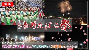 夜空に花火が打ち上がる中、踊りや灯籠流し、御神輿などが行われ、多くの人でにぎわう「第78回 秦野たばこ祭」の様子を伝える写真（はだのふるさと大使が大活躍 第78回秦野たばこ祭（YouTube）のサイトへリンク）