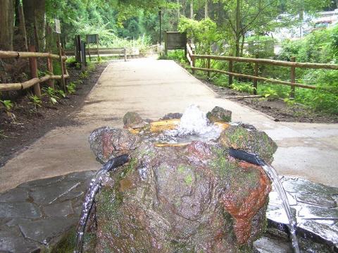 緑豊かな木々に囲まれた歩道に、苔むした大きな岩から湧き水から水が噴き上がり、左右2か所の注ぎ口からも水が流れ落ちる水汲み場がある、護摩屋敷の水の写真