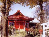 木々に囲まれた赤い屋根の社殿が石段の上に建ち、その手前には石灯籠や白い鳥居の一部が見える写真