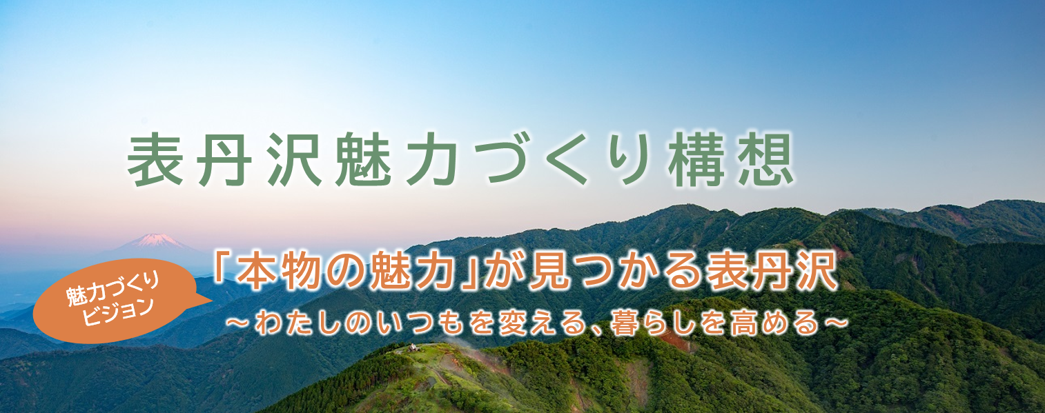 「表丹沢魅力づくり構想 魅力づくりビジョン 「本物の魅力」が見つかる表丹沢～わたしのいつもを変える、暮らしを高める～」の文字と山脈が連なっている写真