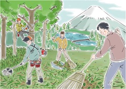山のふもとの湖畔で、ヘルメットをかぶった男性が木に登って作業し、別の男性は草刈り機を使い、さらに他の2人の男性は熊手で落ち葉や草を集めて清掃活動をしているイラスト
