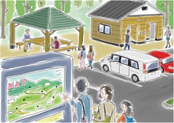 ハイキングコースを示す案内板を指差して地図を確認する夫婦と子供、その奥には屋根付きの休憩所、トイレ、駐車場、乗用車が描かれている、自然に囲まれた施設のイラスト