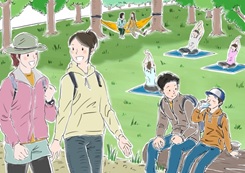 新緑の木々に囲まれた芝生の広場で、手前にリュックを背負った女性二人が話しており、奥では人々がハンモックでくつろいだりヨガや休憩を楽しんだりしているアウトドア活動のイラスト