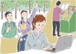 パソコンに向かう女性の後ろに、スマートフォンを持った男性とガイドブックを広げた女性が森の中を歩く様子、右奥には男性が棚の上の本を読んでいる様子が描かれたアイデアを練る様子のイラスト