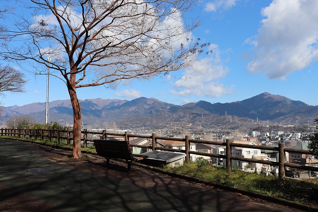 日差しの明るい冬の日に、手前左側に枝だけの木が立っており、その影が地面に伸び、木製のベンチと丸太風の柵が設置された遊歩道から、山並みを背景に眼下に広がる住宅街を見下ろす遠景写真