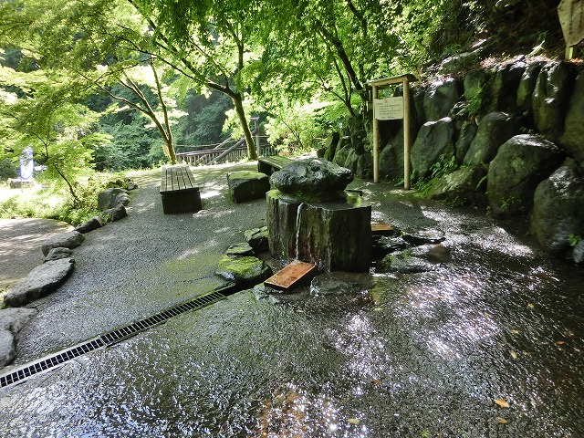 木陰の下、中央にある大きな岩から水が湧き出て地面を流れており、湧水の右奥には岩壁と小さな案内板があり、左奥には木製のベンチと木々の風景が見えている写真