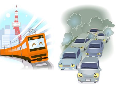 左側に明るい都市背景の笑顔のオレンジ色電車と右側に灰色の排気ガスを出す渋滞車列を対比させた公共交通機関の環境優位性を示すイラスト
