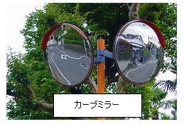 「カーブミラー」の文字と車両の往来が映り込んでいる円形のカーブミラーが二つ並んで設置されている写真