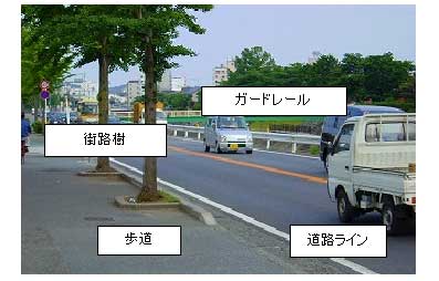 「ガードレール」「街路樹」「歩道」「道路ライン」の文字と広幅の車道と植栽のある歩道の写真