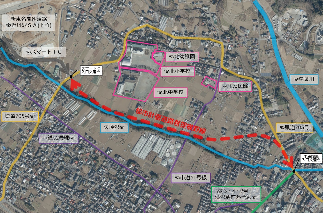 航空写真の上に道路や施設が色分けされた線と文字で重ね書きされた地図で、中央を都市計画道路の建設予定線である赤色の点線が横断し、その北側には幼稚園や小中学校などの公共施設が集まる地域がピンク色の線で囲まれ、周囲の県道や市道、インターチェンジへのアクセスが示されている地図