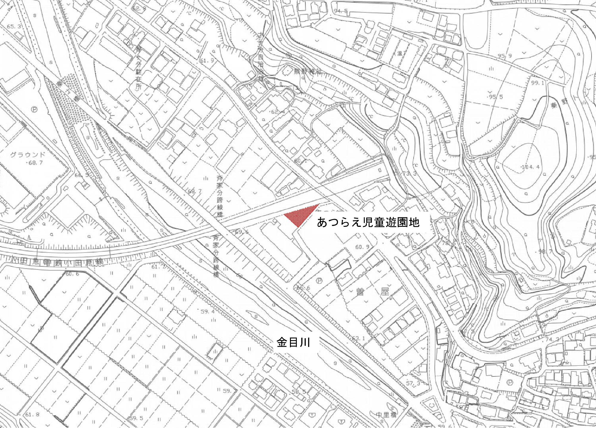 「あつらえ児童遊園地」を赤く色づけされた地図