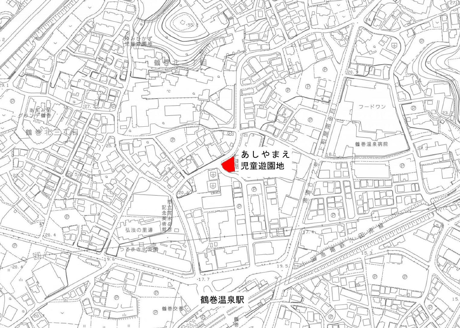 「あしやまえ児童遊園地」を赤く色づけされた地図