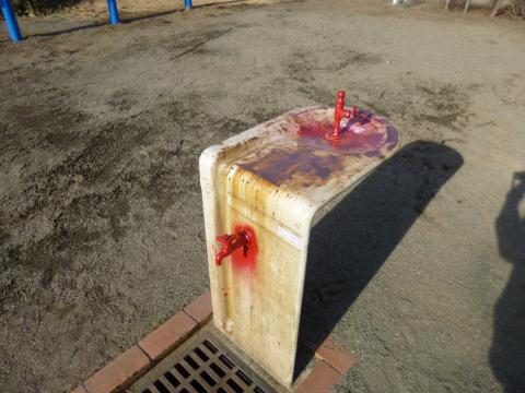 蛇口の上部と正面の2か所に赤色に塗装された落書きされた水道の写真