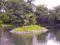 穏やかな水面に囲まれ、小さな岩で護岸され木々が生えた緑豊かな小島が浮かんでおり、周囲の木々が水面に映り込んでいる静かな池の風景写真