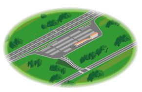 緑地の真ん中に、左右に伸びる高速道路と接続して配置された広大なパーキングエリア、サービスエリアから一般道へのランプウェイが続いている様子を示した俯瞰イラスト