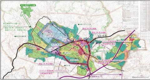色分けされた土地利用計画と道路網、鉄道線などが重ねられた地図