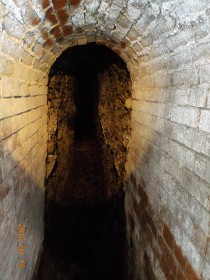 レンガでアーチ型の通路が作られたトンネルが続く、紀伊ノ守水源内部の写真