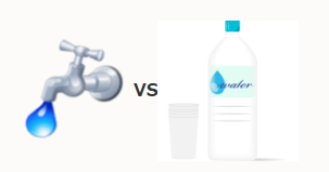 水道の蛇口から滴る水と、その隣に置かれた空のコップとペットボトルに入った市販のミネラルウォーターが対比されているイラスト