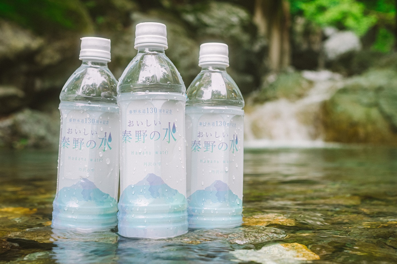 水辺の岩の上に、秦野市のロゴと山のイラストが描かれた「おいしい秦野の水」のペットボトル3本が、水に濡れて並んでいる清涼感のある写真