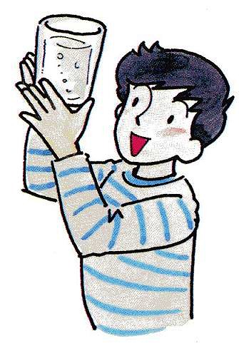 ボーダー柄の服を着た男性が、水泡が浮かぶ透明なグラスを両手で持ち上げ、中を覗き込んでいる様子を描いたイラスト