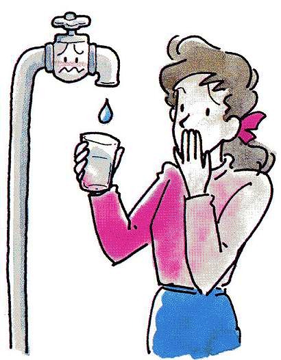 蛇口から出た水を入れたコップを持つ女性が、困惑した表情で鼻と口を押さえているイラスト